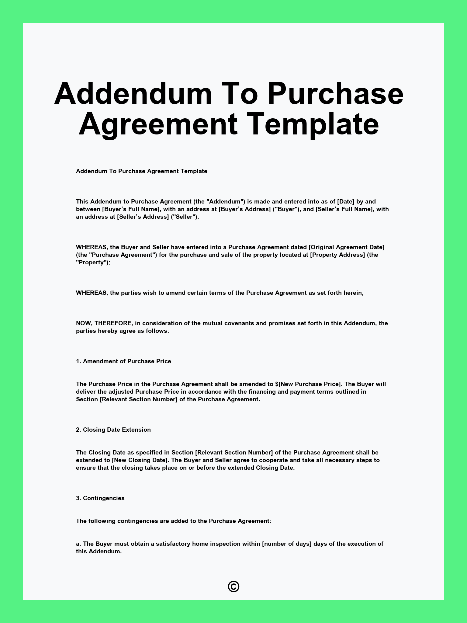 Addendum To Purchase Agreement Template