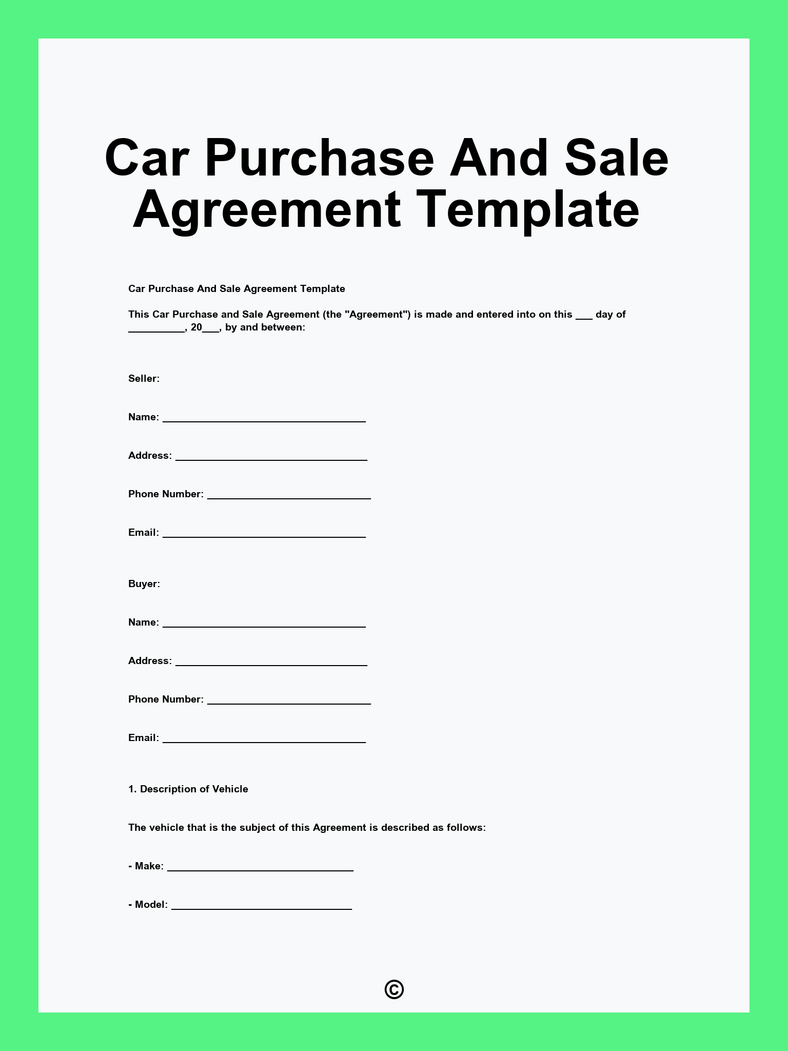 Car Purchase And Sale Agreement Template