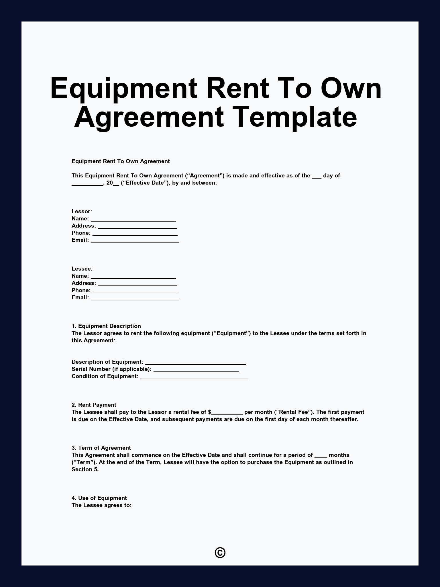 Equipment Rent To Own Agreement Template
