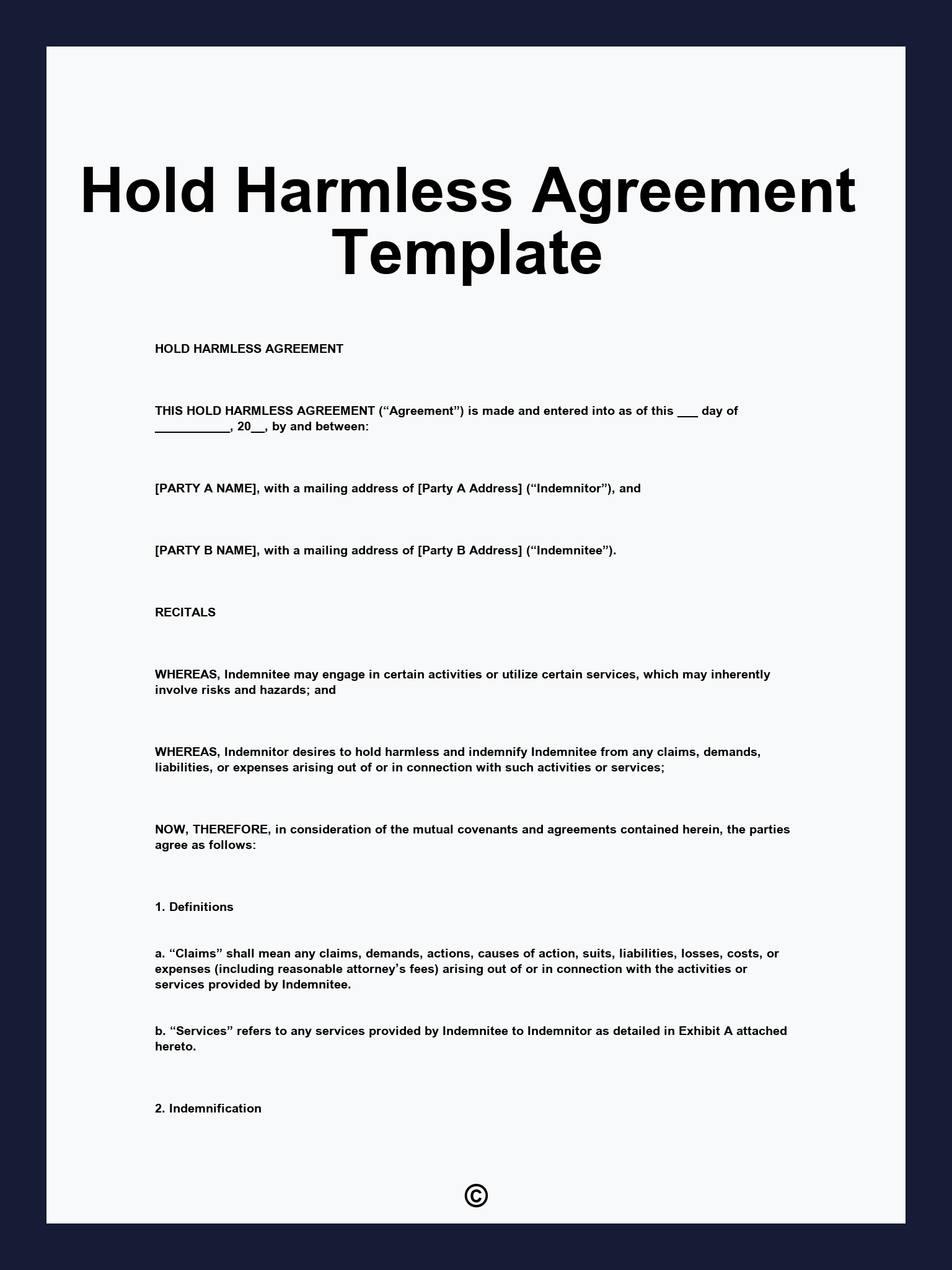 Hold Harmless Agreement Template