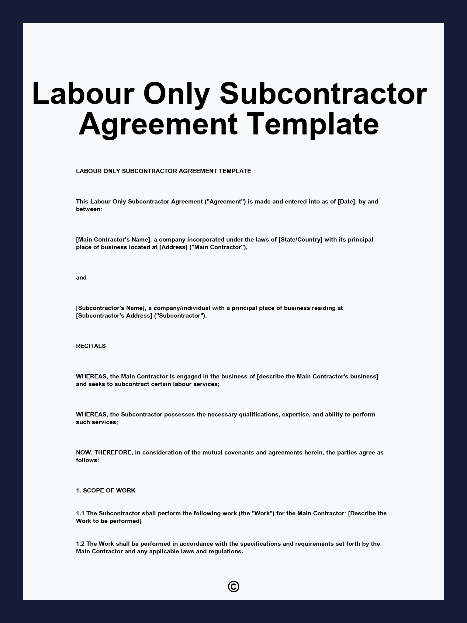 Labour Only Subcontractor Agreement Template