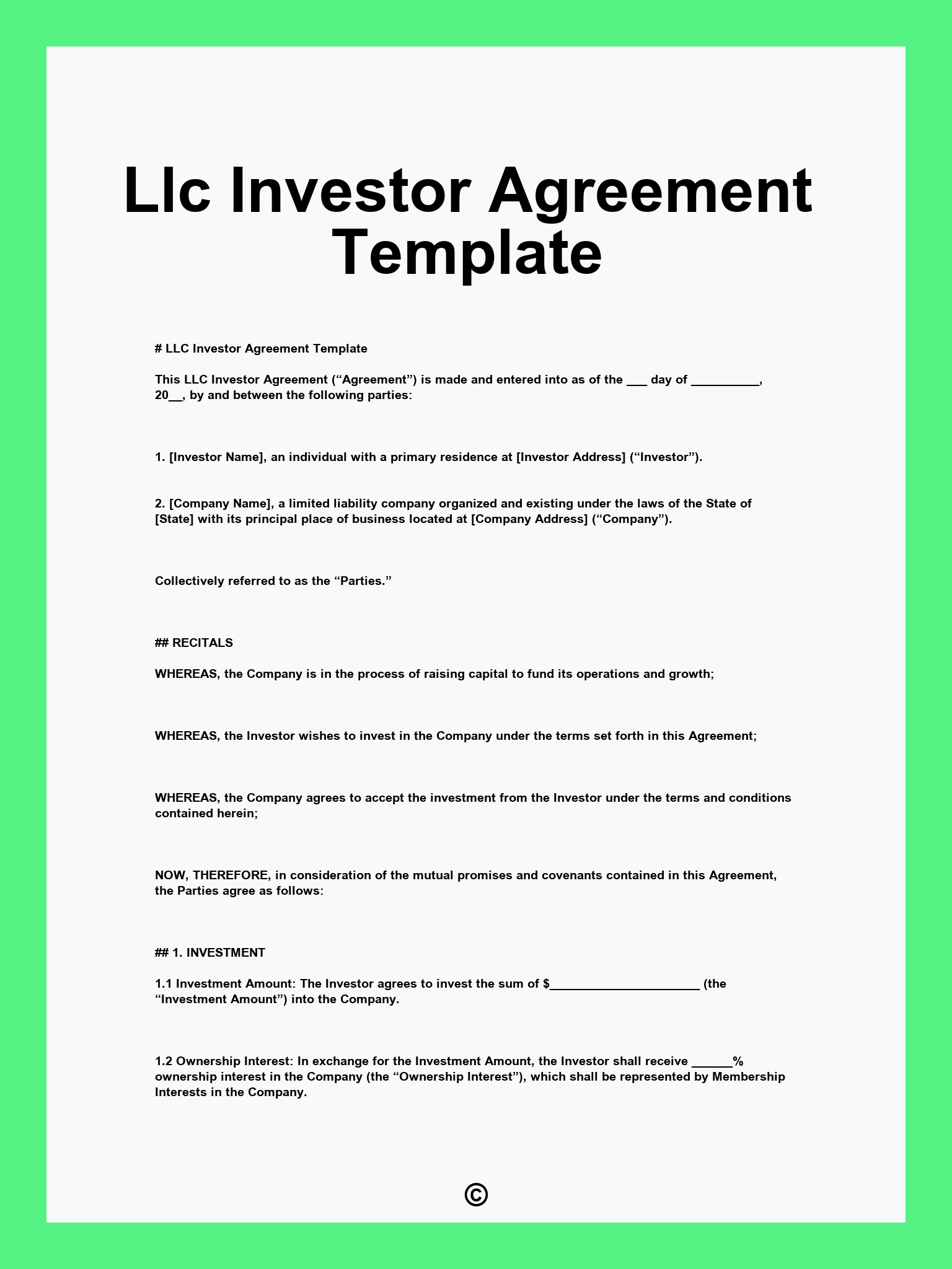 Llc Investor Agreement Template