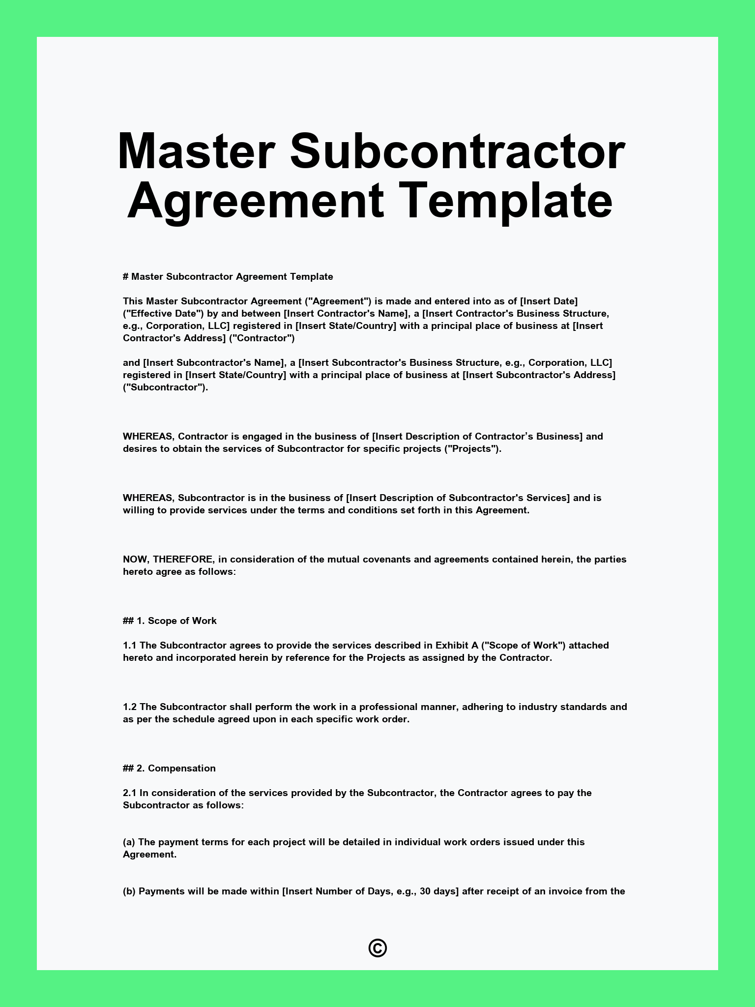 Master Subcontractor Agreement Template