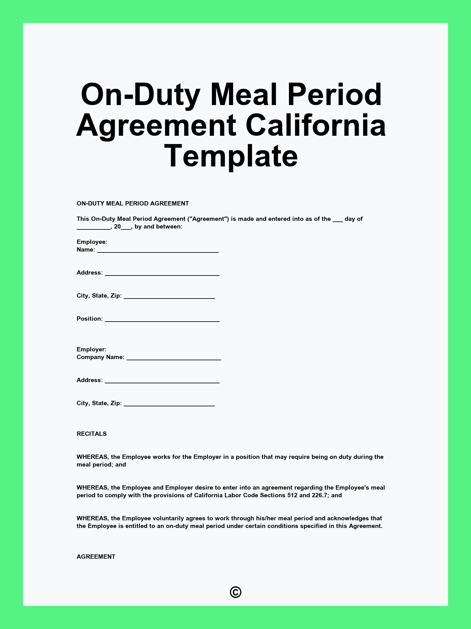 On-Duty Meal Period Agreement California Template