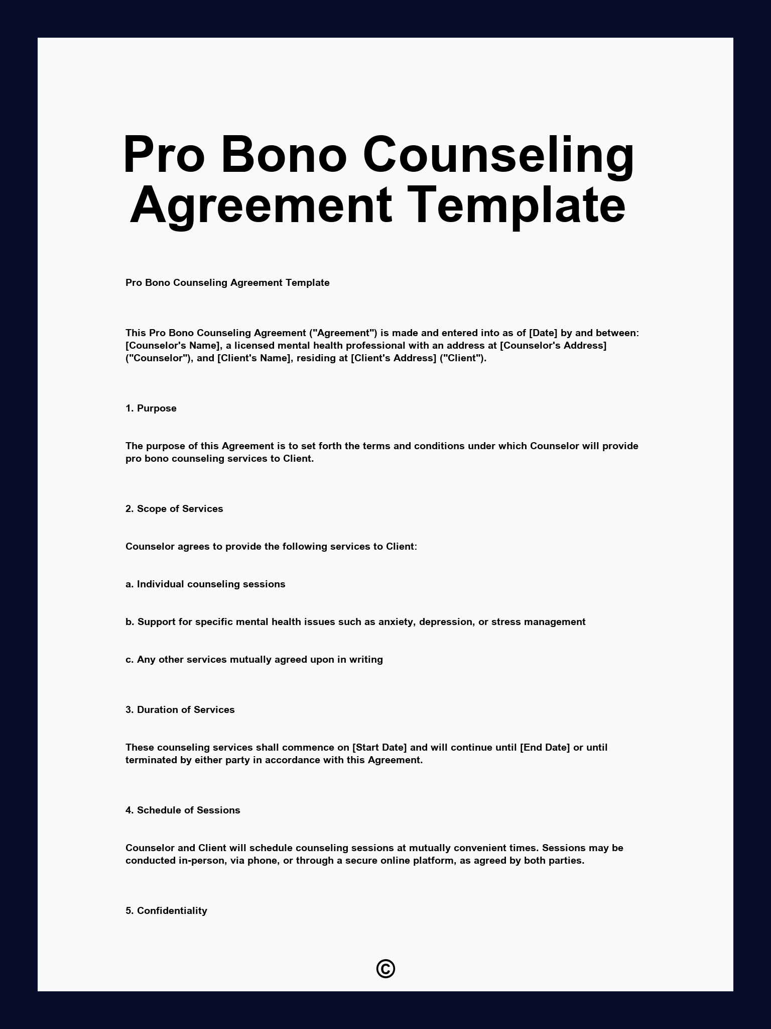 Pro Bono Counseling Agreement Template