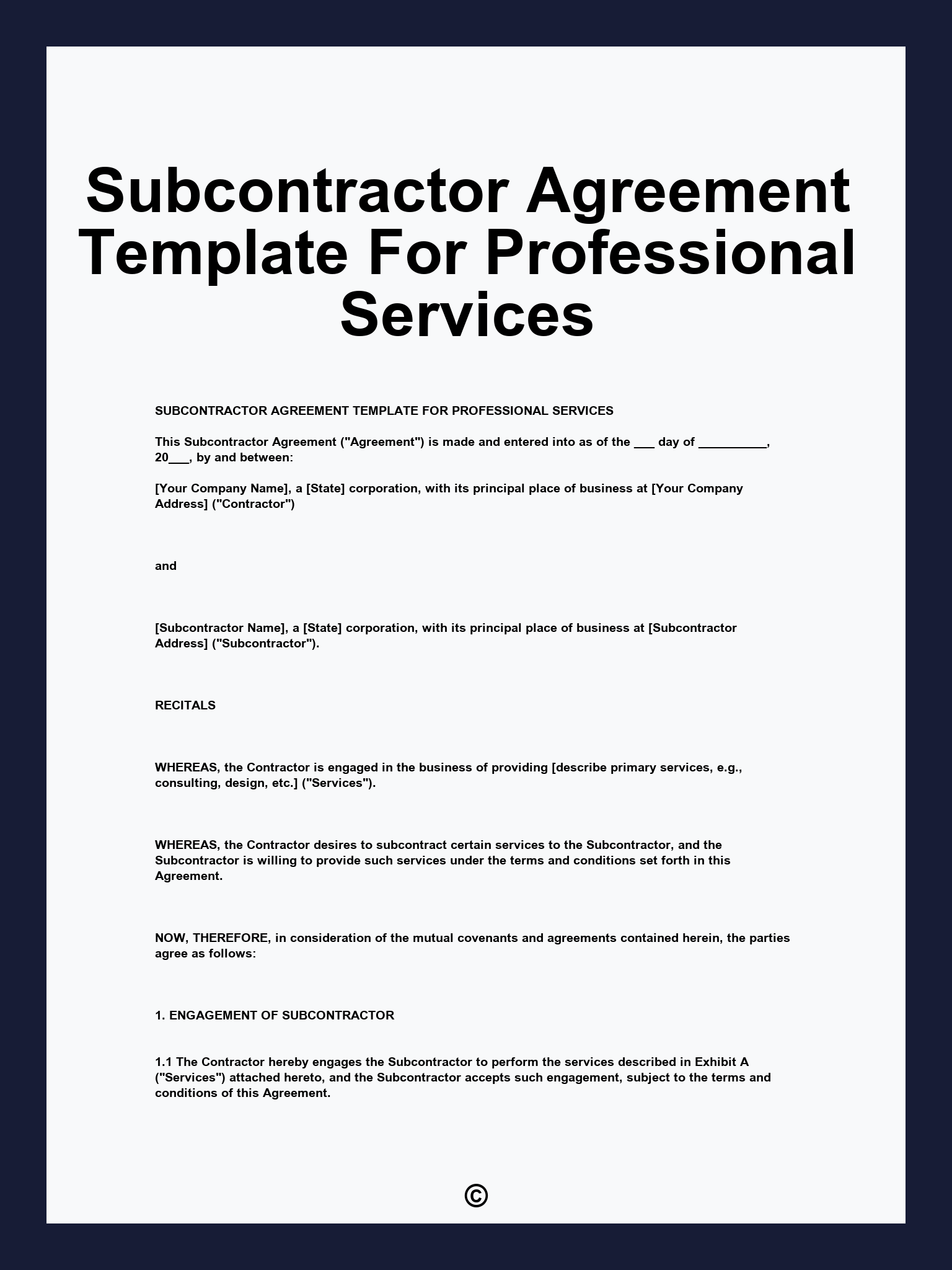 Subcontractor Agreement Template For Professional Services