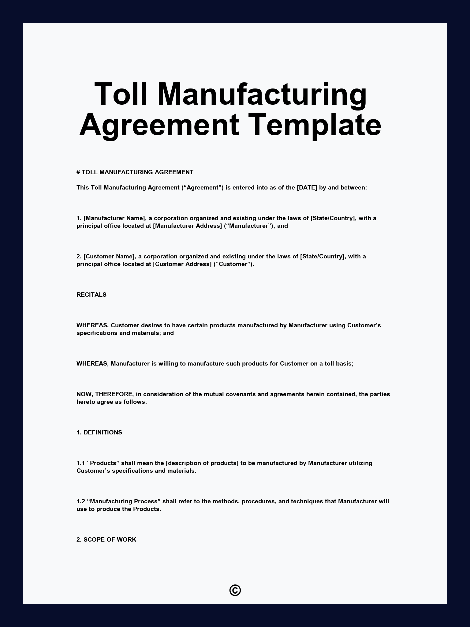 Toll Manufacturing Agreement Template